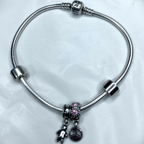 Pandora Sterling Silver 9" Charm Bracelet two Spacers and two charms - Picture 2 of 3